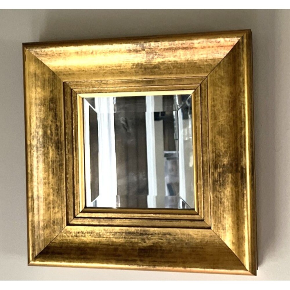 Vtg 6x6 Square Accent Mirror in Thick 11x11 Gold Bronze Wood Frame Geometric